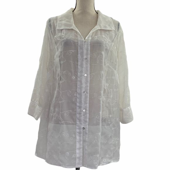 White Stag Tops - White Stag Sheer White Embroidered Button Down